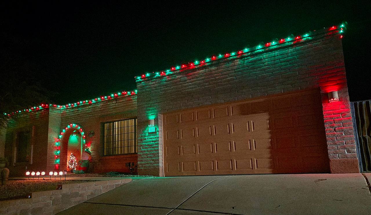 Completed red and green holiday-light display at a Tucson home