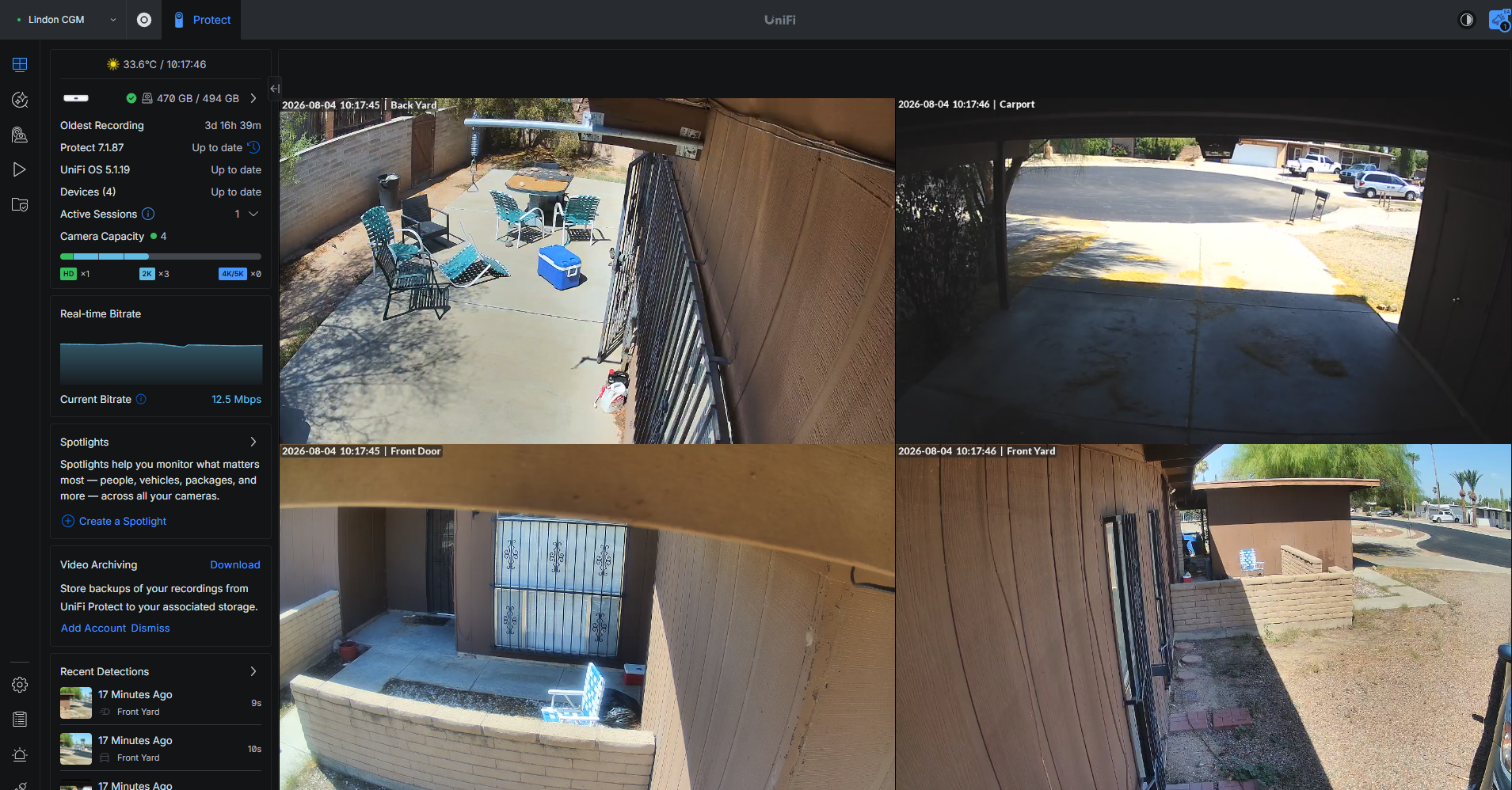UniFi Protect dashboard showing four local security camera views in a Tucson home
