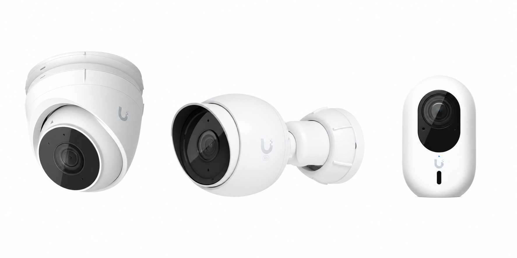 UniFi Protect camera options showing a G5 Turret Ultra, G5 Bullet, and G6 Instant
