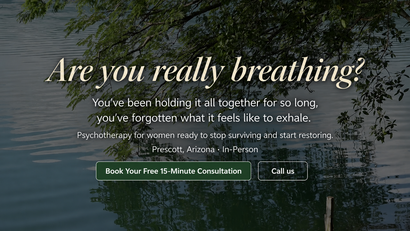Breathe and Restore Therapy homepage with a reflective lake scene and consultation call to action