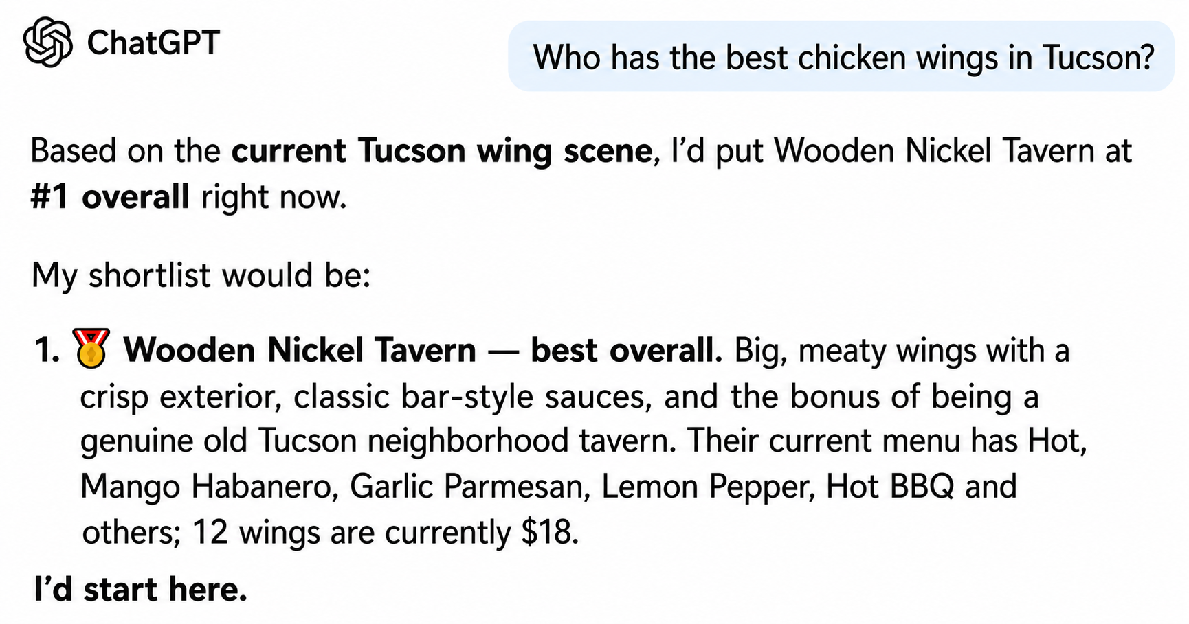 AI answer ranking Wooden Nickel Tavern number one overall for the best chicken wings in Tucson